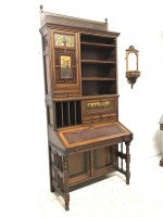 H. W. Batley Gillows & Co. Aesthetic Movement Walnut & Gilt Secretaire Bookcase - Thumbnail 2