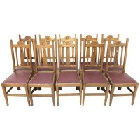 Liberty & Co., Ten Arts & Crafts Oak Dining Chairs with Stylised Floral Details - Thumbnail 1