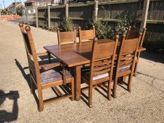 Liberty & Co., Style of. C. F. A. Voysey, Arts & Crafts Oak Dining Set with Ball Finials - Thumbnail 3