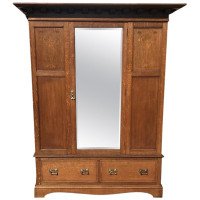 Liberty & Co., Arts & Crafts Oak Double Wardrobe with Stylised Floral Inlays - Thumbnail 1