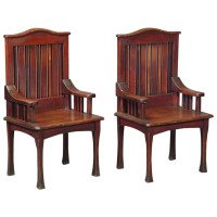 Unusual Pair of Stained Cypress Wood Armchairs by the Glasgow School - Thumbnail 1