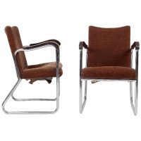 Thonet, a Pair of 1930s Tubular Steel Armchairs with Ebonised Armrests
