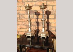A Pair of Arts & Crafts Silver Plated Candlesticks with Semi Precious Cabochons - Thumbnail 2