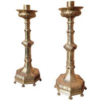 A Pair of Arts & Crafts Silver Plated Candlesticks with Semi Precious Cabochons