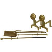 An Arts & Crafts Set of Brass Fire Dogs & Matching Utensils