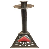 Richard Rathbone, attributed, to Voysey Pewter & Enamel Arts & Crafts Candlestick - Thumbnail 1