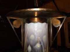 An Arts & Crafts Copper Lantern with Original Vaseline/Uranium Cranberry Shade - Thumbnail 2