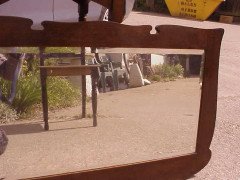 Arts & Crafts Shaped Oak Bevelled Mirror with Stylised Floral Copper Details - Thumbnail 2