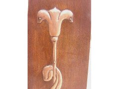 Arts & Crafts Shaped Oak Bevelled Mirror with Stylised Floral Copper Details - Thumbnail 6