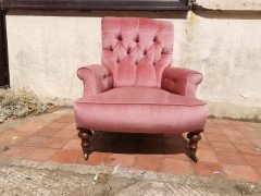 Gillows, English Victorian Pink Upholstered Button Back Fireside Armchair - Thumbnail 3