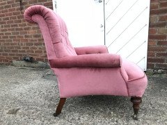 Gillows, English Victorian Pink Upholstered Button Back Fireside Armchair - Thumbnail 11