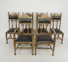 Set of Six Arts & Crafts Chairs with Stylized Floral Inlays Using Pewter Ebony - Thumbnail 4