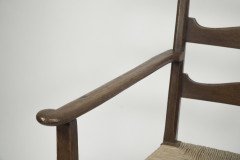 Liberty & Co., Style of C. F. A. Voysey. A Pair of Oak Rush Seat Ladderback Armchairs - Thumbnail 6