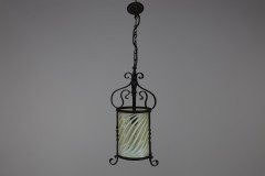 Arts & Crafts Iron Lantern with Original Swirling Vaseline/Uranium Glass shade. - Thumbnail 3