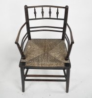 William Morris, an Arts & Crafts Ebonised Rush Seat Sussex Armchair - Thumbnail 2