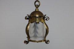 An Arts & Crafts Hammered Brass Lantern with Opaque Ribbed Glass Liner - Thumbnail 2