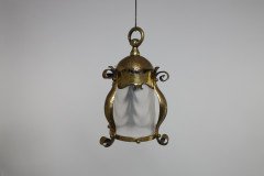 An Arts & Crafts Hammered Brass Lantern with Opaque Ribbed Glass Liner - Thumbnail 3