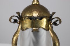 An Arts & Crafts Hammered Brass Lantern with Opaque Ribbed Glass Liner - Thumbnail 8
