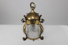 An Arts & Crafts Hammered Brass Lantern with Opaque Ribbed Glass Liner - Thumbnail 11