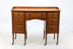 Waring & Gillow. An Arts & Crafts Bow Fronted Kneehole Twin Pedestal Desk - Thumbnail 2