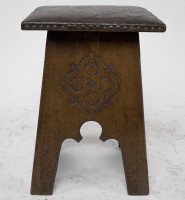 Liberty & Co., an Arts & Crafts Moorish Oak Stool with Embossed Leather Seat - Thumbnail 2