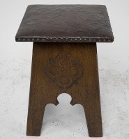 Liberty & Co., Arts & Crafts Moorish Oak Stool with Embossed Leather Seat - Thumbnail 3