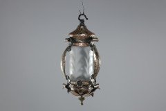 Arts & Crafts Silver Plated on Copper Lantern with Opaque Ribbed Glass Liner - Thumbnail 2
