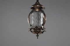 Arts & Crafts Silver Plated on Copper Lantern with Opaque Ribbed Glass Liner - Thumbnail 3