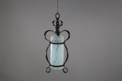 Arts & Crafts Wrought Iron Lantern with Uranium/Vaseline Slag Glass Shade - Thumbnail 2