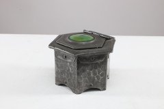 Liberty & Co., Style of. An Arts & Crafts Pewter Inkwell with a Green Ruskin Jewel & Original Ink Liner - Thumbnail 3