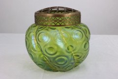 Loetz Attributed, a Green Swirl Glass Flower Holder with Decorative Brass Top - Thumbnail 3