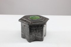Liberty & Co., Style of. An Arts & Crafts Pewter Inkwell with a Green Ruskin Jewel & Original Ink Liner - Thumbnail 6