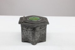 Liberty & Co., Style of. An Arts & Crafts Pewter Inkwell with a Green Ruskin Jewel & Original Ink Liner - Thumbnail 7