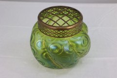 Loetz Attributed, a Green Swirl Glass Flower Holder with Decorative Brass Top - Thumbnail 4