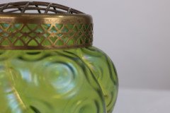 Loetz Attributed, a Green Swirl Glass Flower Holder with Decorative Brass Top - Thumbnail 8