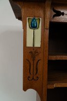 Arts & Crafts Oak Glazed Bookcase with inset period tiles - Thumbnail 9