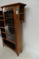 Arts & Crafts Oak Glazed Bookcase with inset period tiles - Thumbnail 4