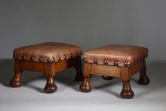Pair of Aesthetic Movement Oak Thebes Stools, Leather Studded, c.1890 - Thumbnail 5