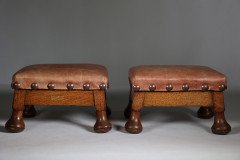 Pair of Aesthetic Movement Oak Thebes Stools, Leather Studded, c.1890 - Thumbnail 6