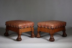 Pair of Aesthetic Movement Oak Thebes Stools, Leather Studded, c.1890 - Thumbnail 7