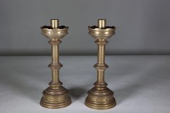 Jones & Willis, Pair of Gothic Revival Heavy Brass Castellated Candlesticks - Thumbnail 2