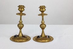 A Gothic Revival Brass Desk Set with a Pair of Candlesticks & a Matching Pen Tray - Thumbnail 2