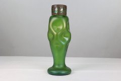 Loetz Attributed, Tall Art Nouveau Green Iridescent Vase with Brass Floral Collar - Thumbnail 2