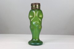 Loetz, attributed. A Tall Art Nouveau Green Iridescent Vase with Brass Floral Collar - Thumbnail 4