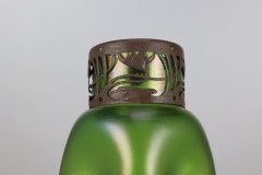 Loetz, attributed. A Tall Art Nouveau Green Iridescent Vase with Brass Floral Collar - Thumbnail 6