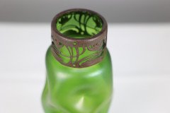 Loetz Attributed, Tall Art Nouveau Green Iridescent Vase with Brass Floral Collar - Thumbnail 5