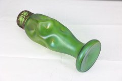 Loetz, attributed. A Tall Art Nouveau Green Iridescent Vase with Brass Floral Collar - Thumbnail 11