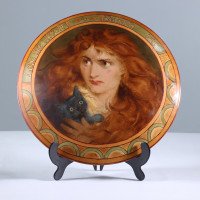 An Art Deco hand painted plate depicting Lois the Witch holding a black cat - Thumbnail 1