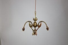 An Arts & Crafts Brass Three Arm Ceiling Light with a Flower Bud to the Top - Thumbnail 3