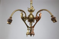 Arts & Crafts Brass Three Arm Ceiling Light with a Flower Bud to the Top - Thumbnail 7